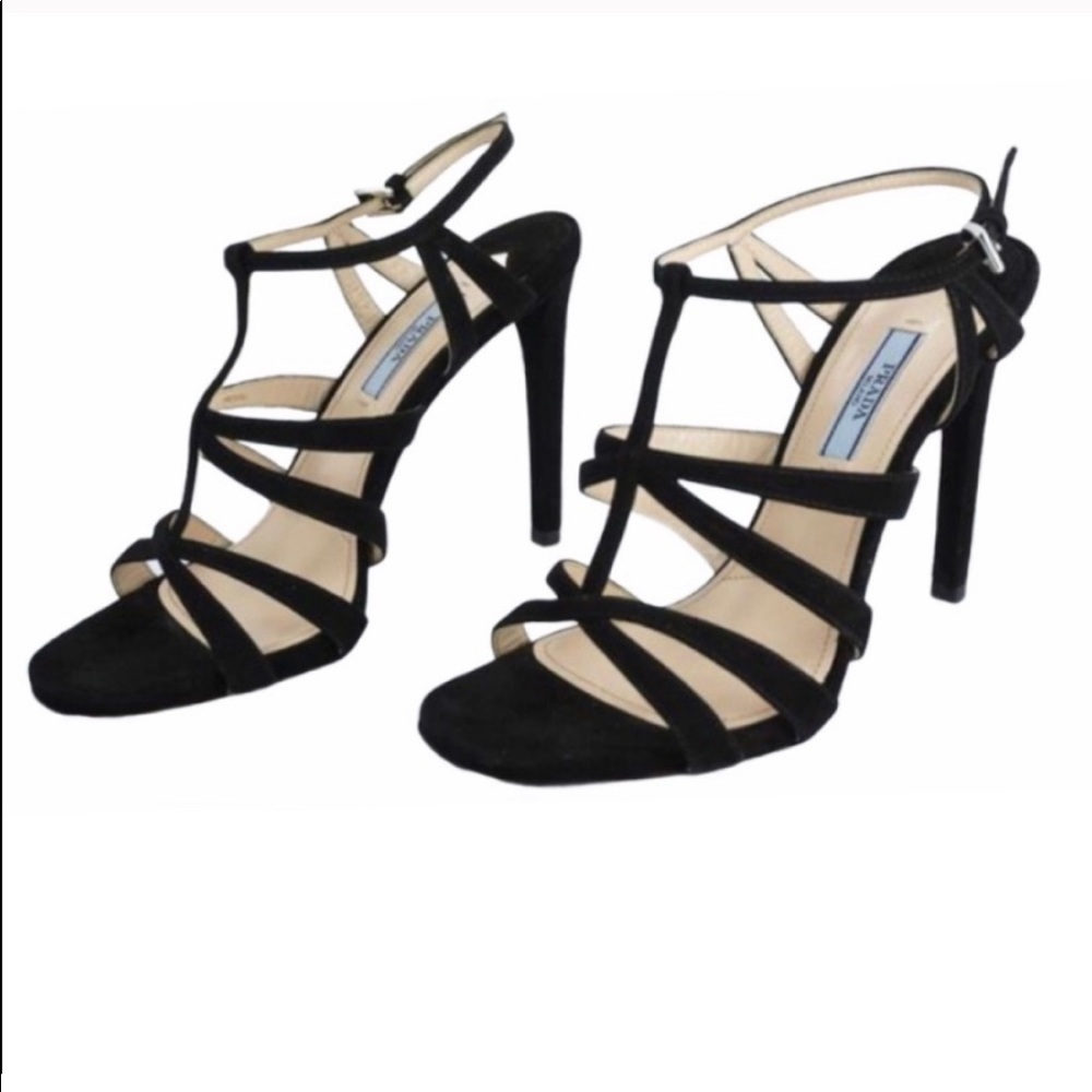 Black Prada Cage Crisscross Suede Leather Heels Size 7.5